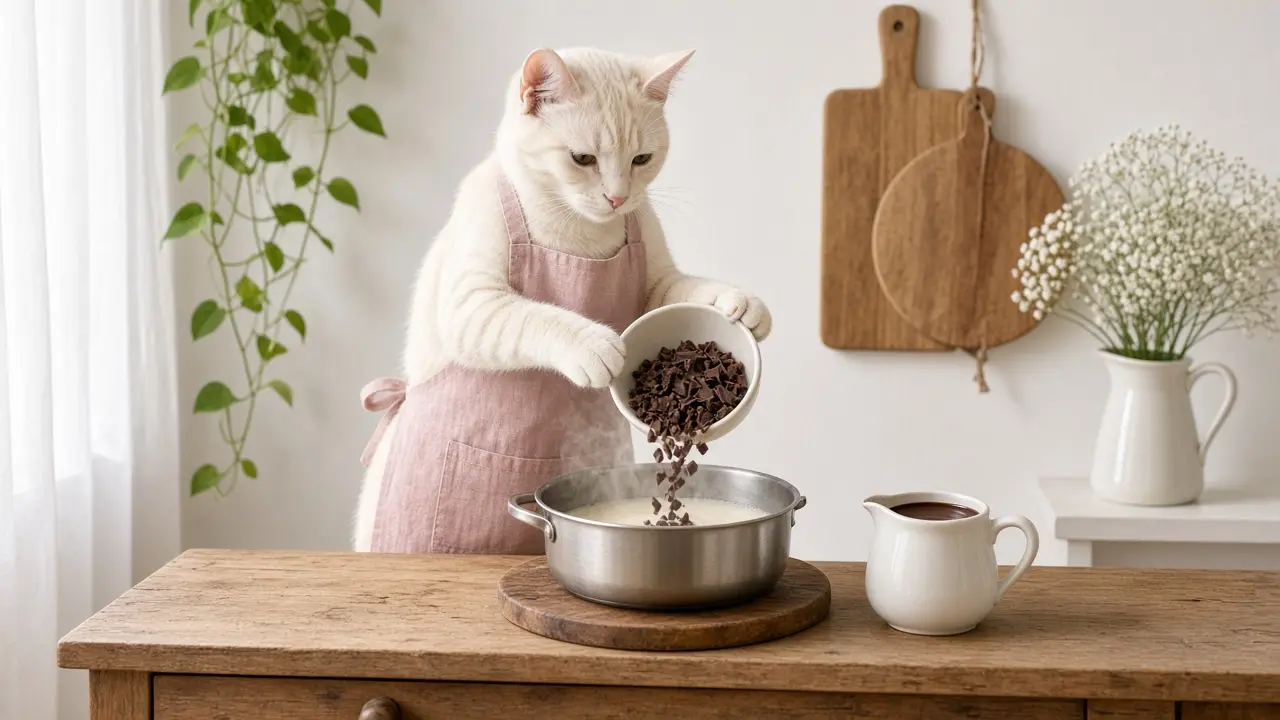 A cream-coloured cat in a pink apron, cooking this dish