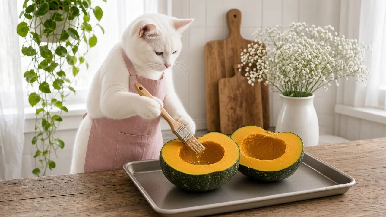 A cream-coloured cat in a pink apron, cooking this dish