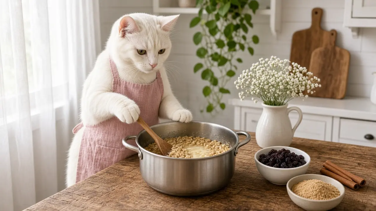 A cream-coloured cat in a pink apron, cooking this dish