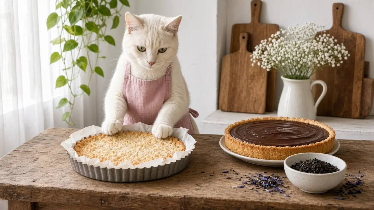 A cream-coloured cat in a pink apron, cooking this dish