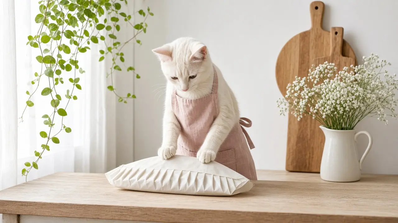 A cream-coloured cat in a pink apron, cooking this dish