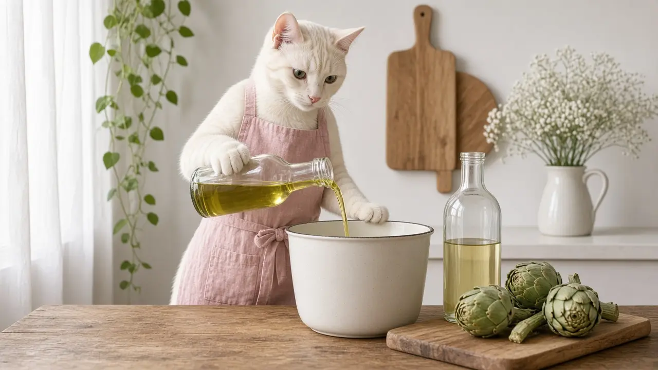 A cream-coloured cat in a pink apron, cooking this dish