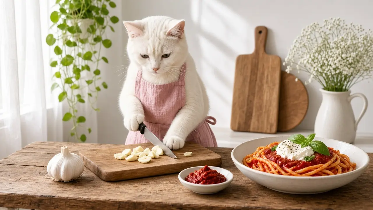 A cream-coloured cat in a pink apron, cooking this dish