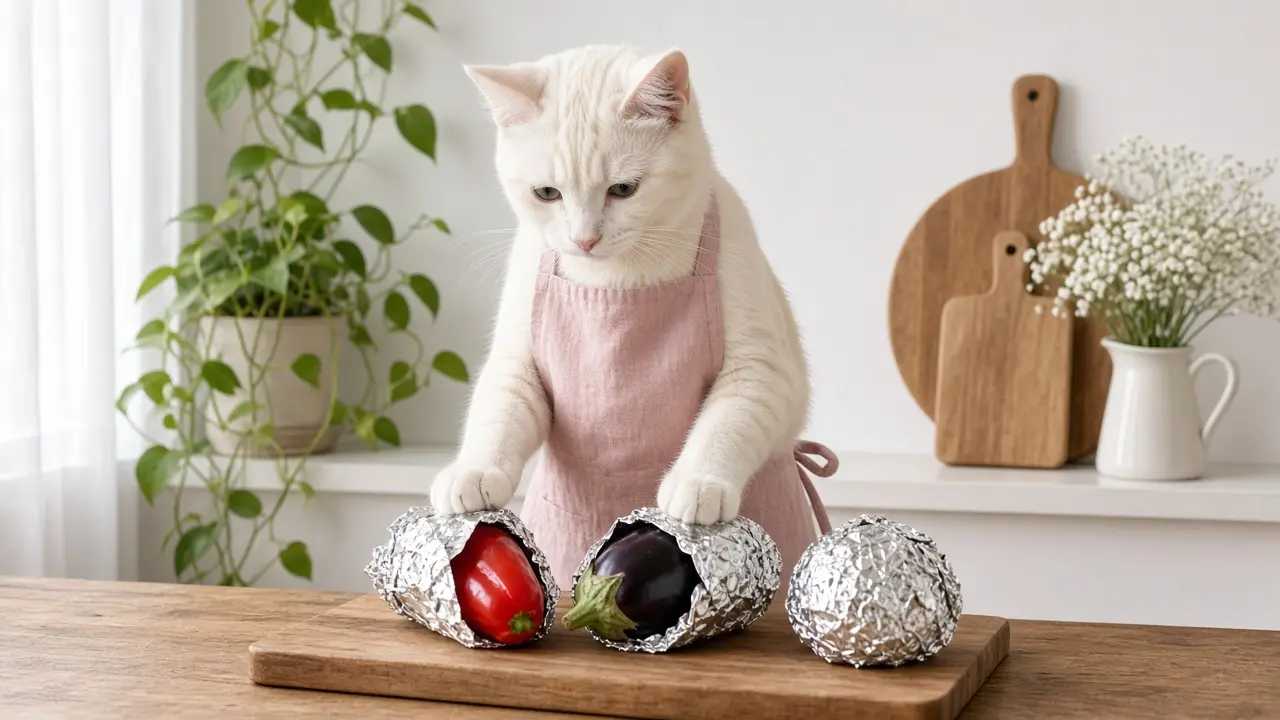 A cream-coloured cat in a pink apron, cooking this dish