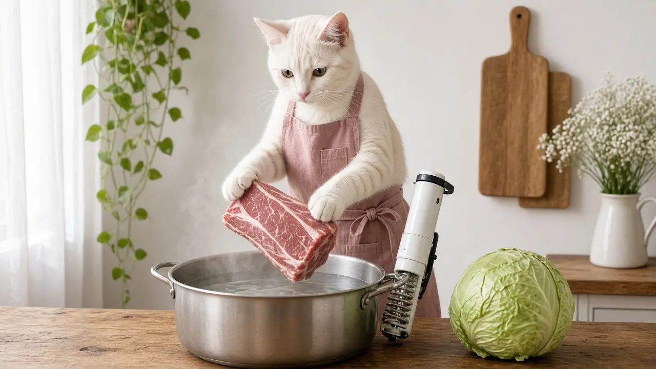 A cream-coloured cat in a pink apron, cooking this dish