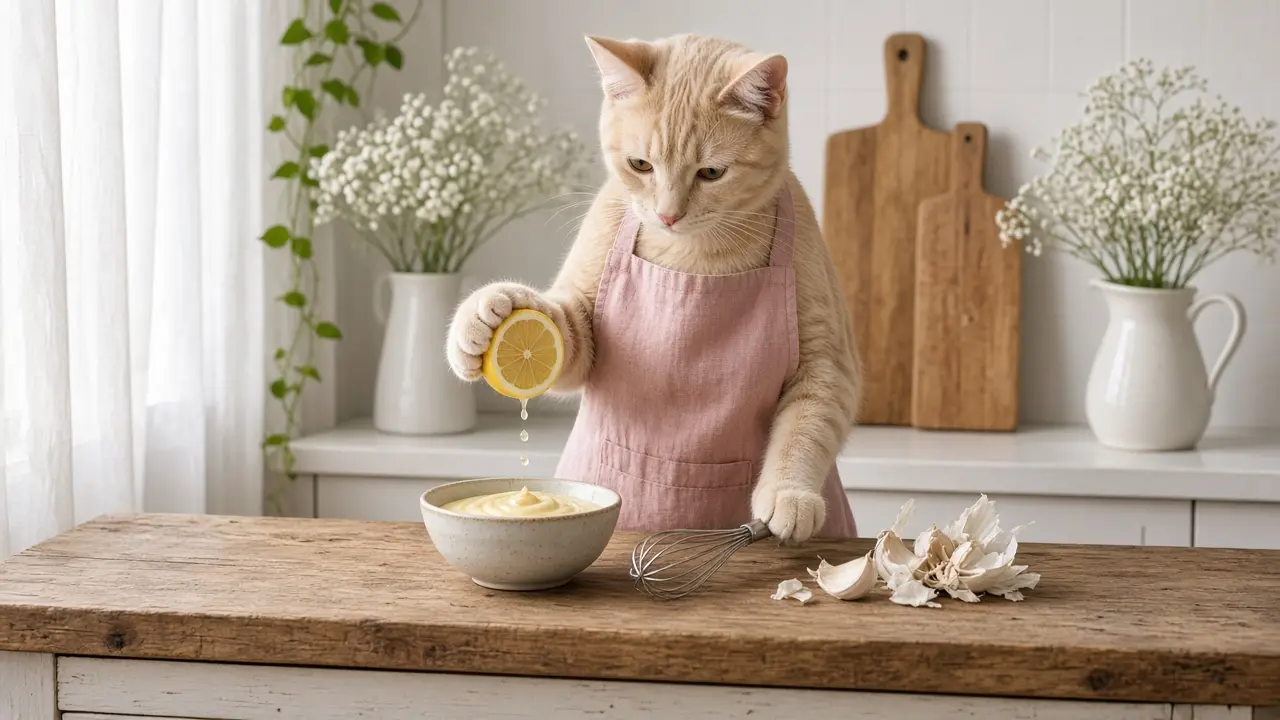 A cream-coloured cat in a pink apron, cooking this dish