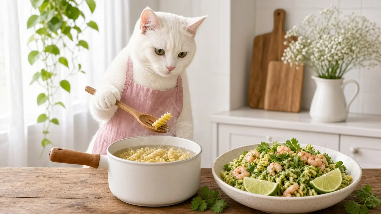 A cream-coloured cat in a pink apron, cooking this dish
