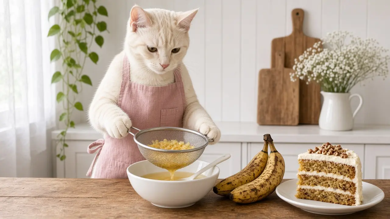 A cream-coloured cat in a pink apron, cooking this dish