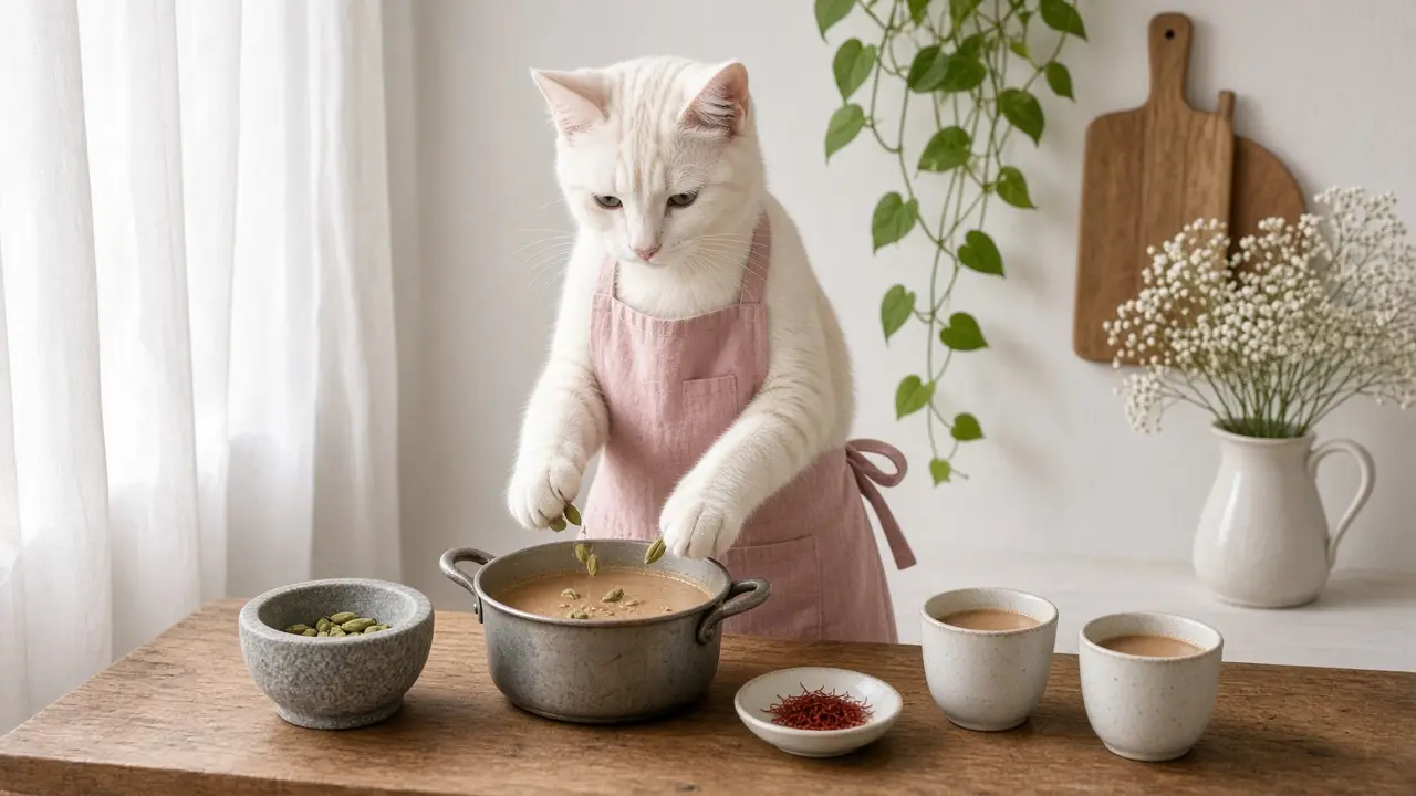 A cream-coloured cat in a pink apron, cooking this dish