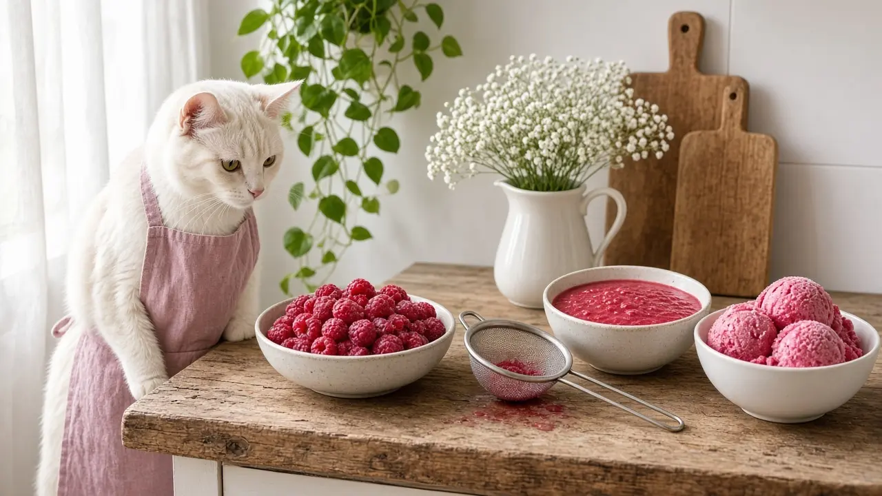A cream-coloured cat in a pink apron, cooking this dish
