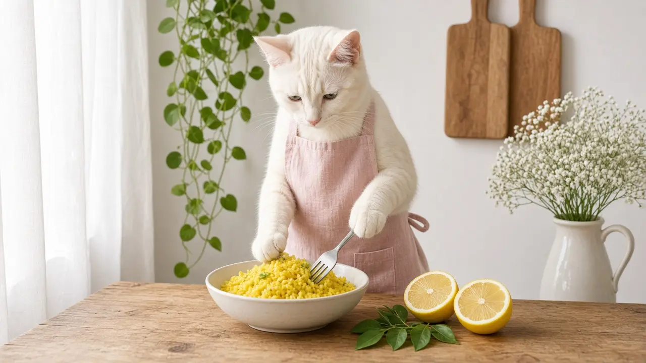 A cream-coloured cat in a pink apron, cooking this dish