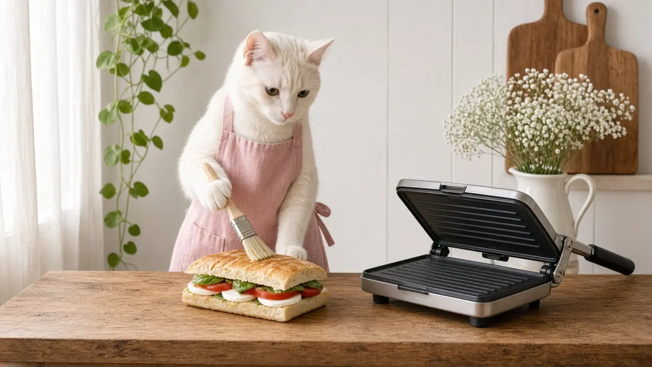 A cream-coloured cat in a pink apron, cooking this dish