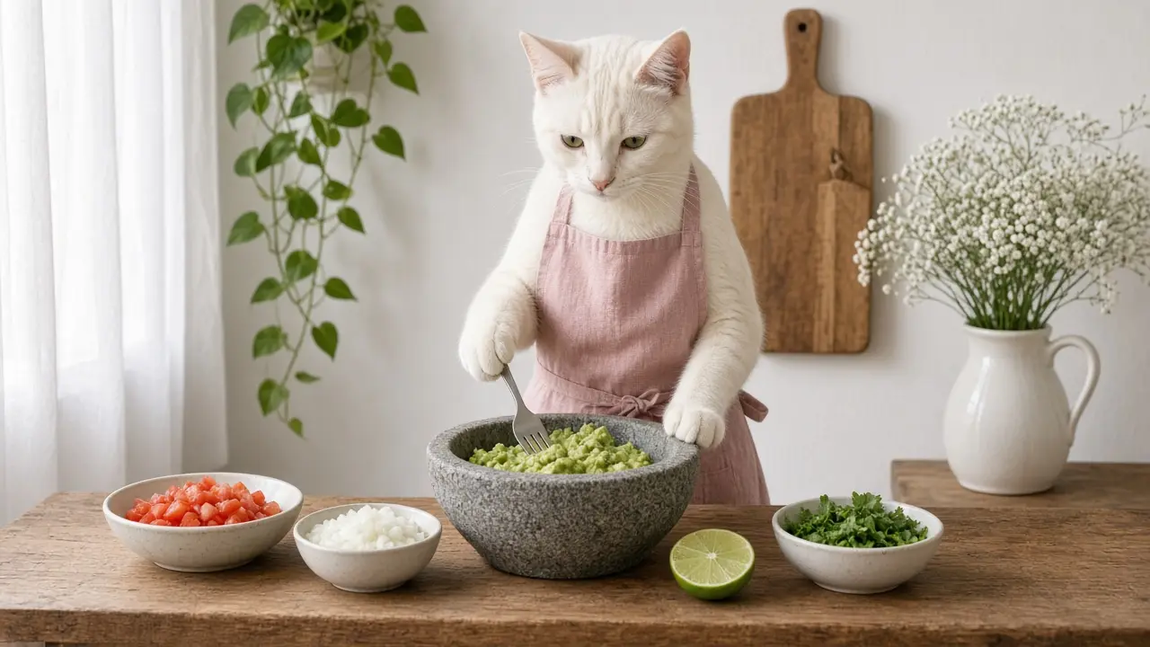 A cream-coloured cat in a pink apron, cooking this dish
