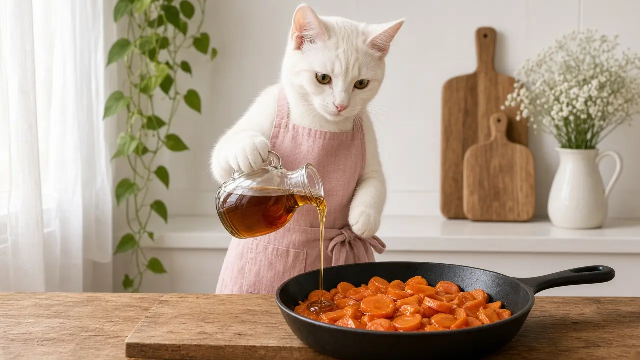 A cream-coloured cat in a pink apron, cooking this dish