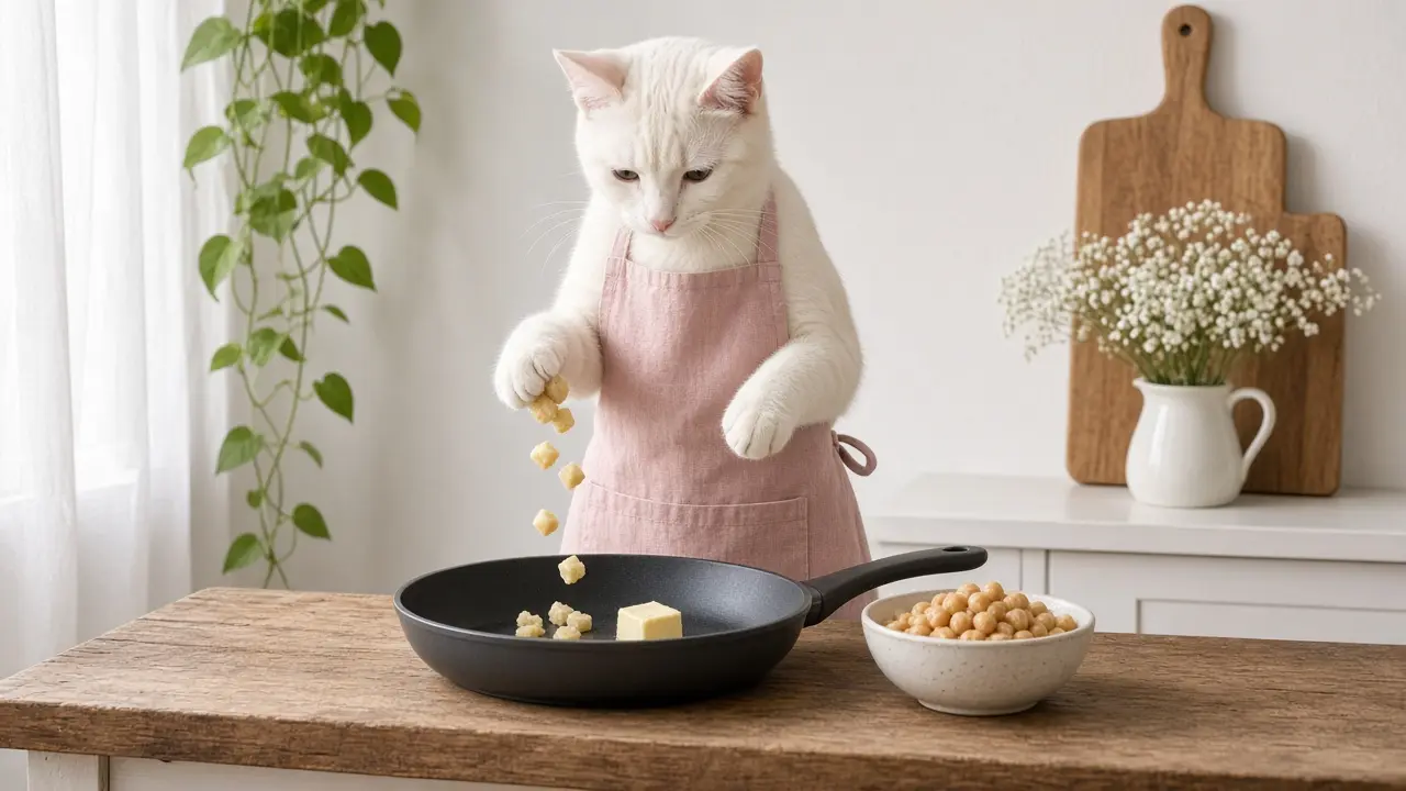 A cream-coloured cat in a pink apron, cooking this dish