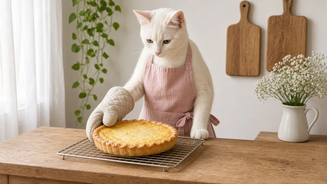 A cream-coloured cat in a pink apron, cooking this dish