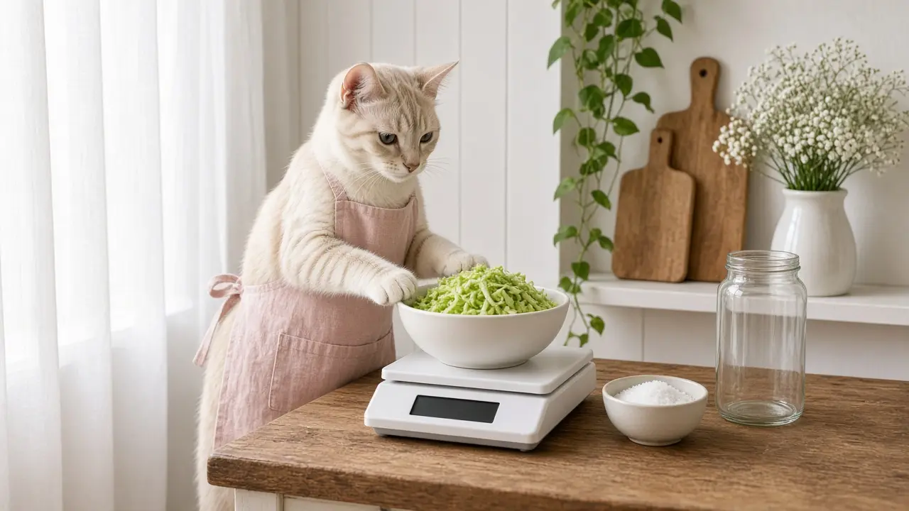 A cream-coloured cat in a pink apron, cooking this dish