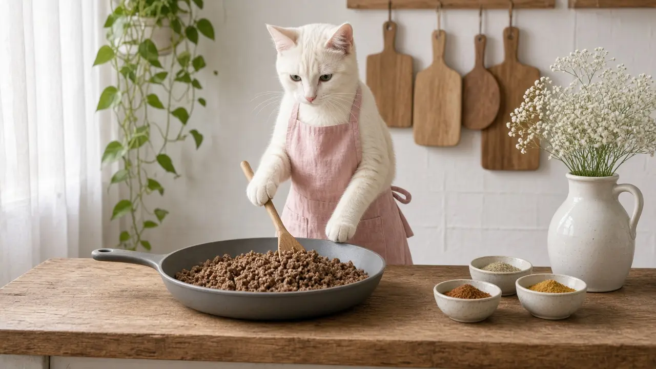 A cream-coloured cat in a pink apron, cooking this dish