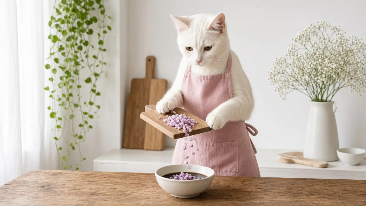 A cream-coloured cat in a pink apron, cooking this dish