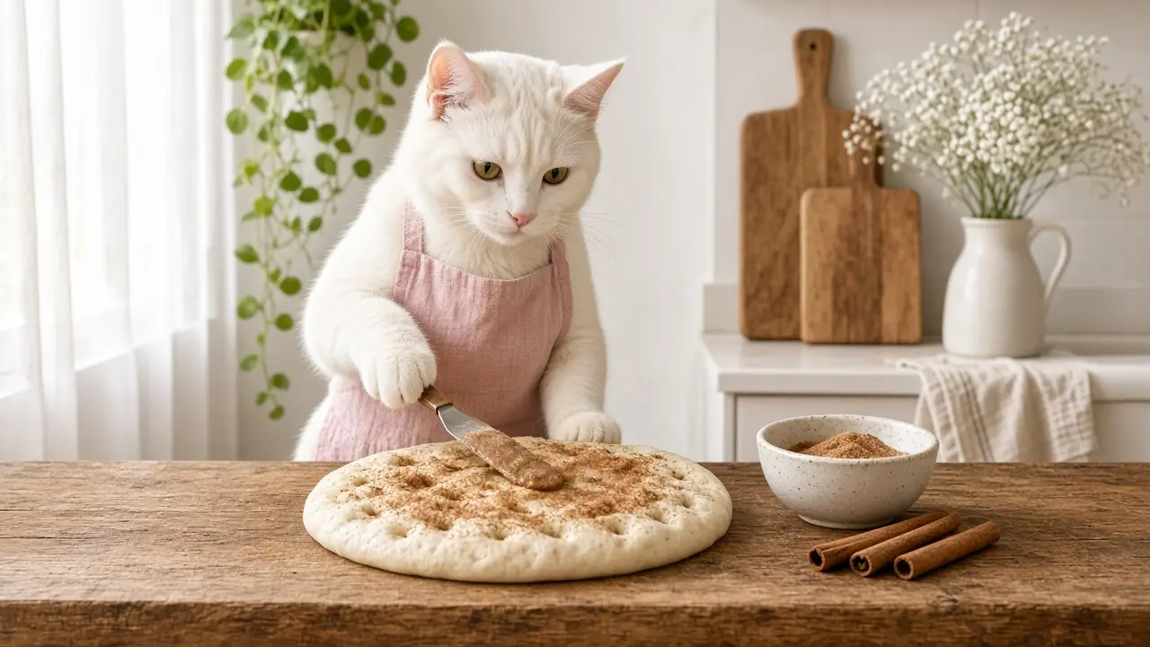A cream-coloured cat in a pink apron, cooking this dish