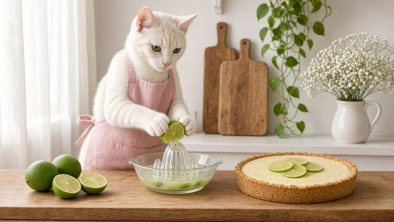 A cream-coloured cat in a pink apron, cooking this dish
