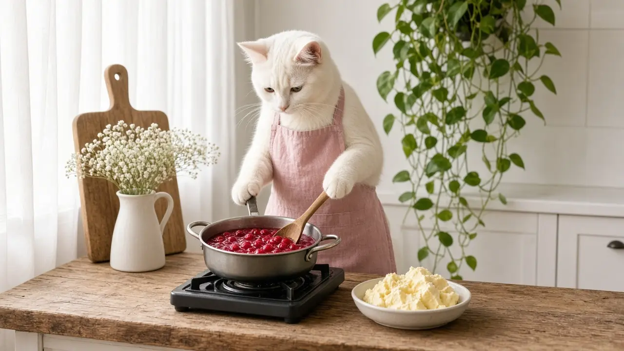 A cream-coloured cat in a pink apron, cooking this dish