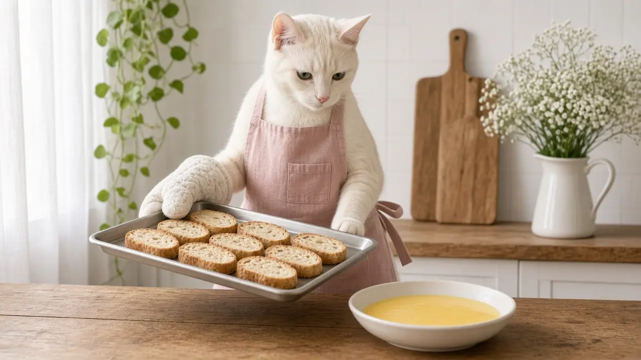 A cream-coloured cat in a pink apron, cooking this dish
