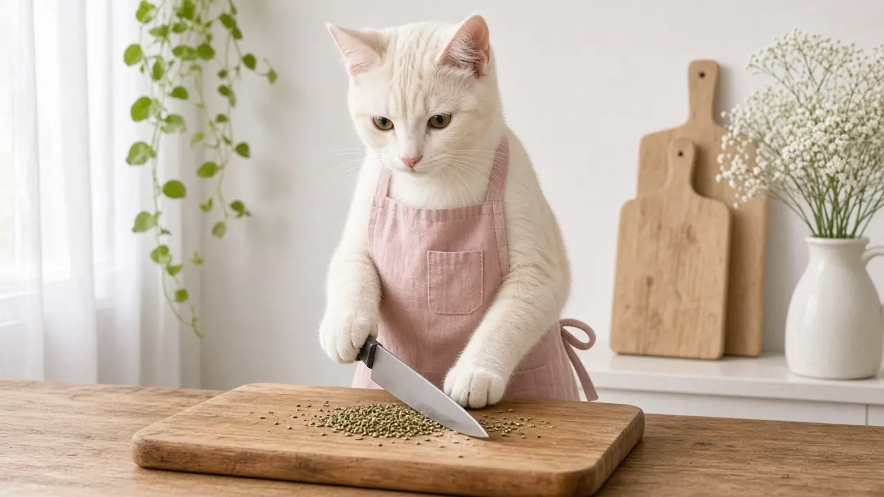 A cream-coloured cat in a pink apron, cooking this dish