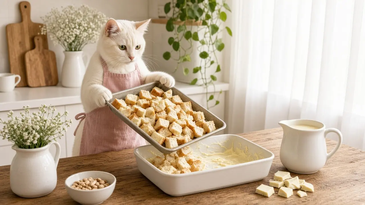 A cream-coloured cat in a pink apron, cooking this dish