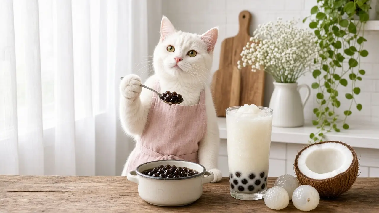 A cream-coloured cat in a pink apron, cooking this dish