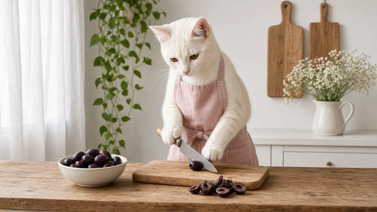 A cream-coloured cat in a pink apron, cooking this dish