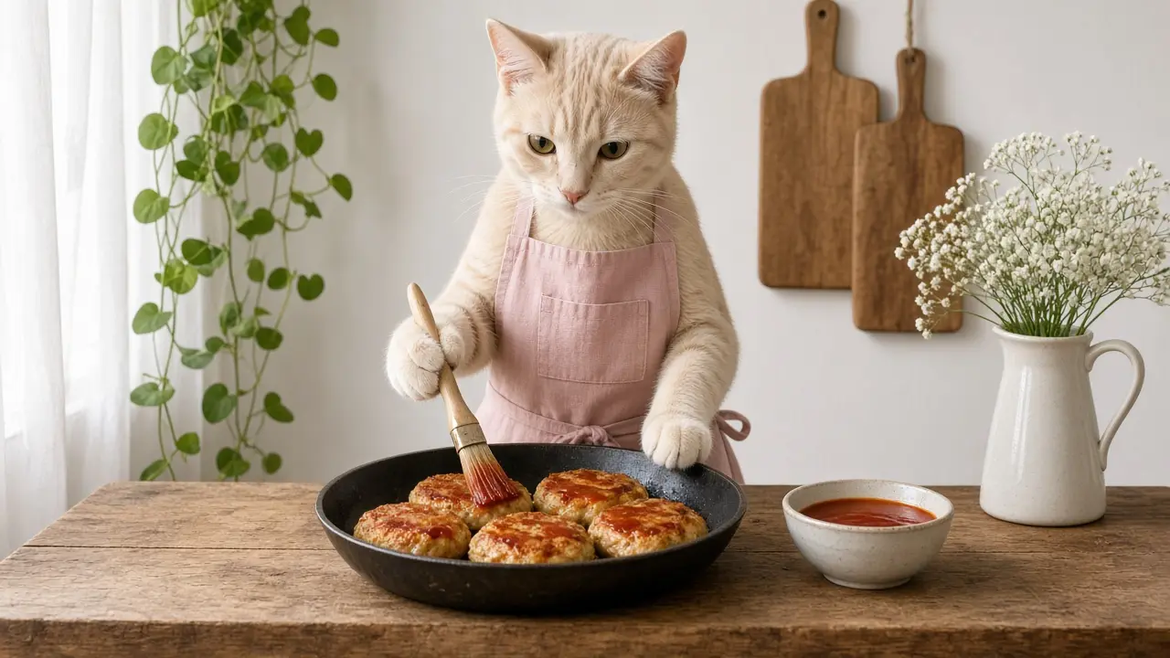 A cream-coloured cat in a pink apron, cooking this dish