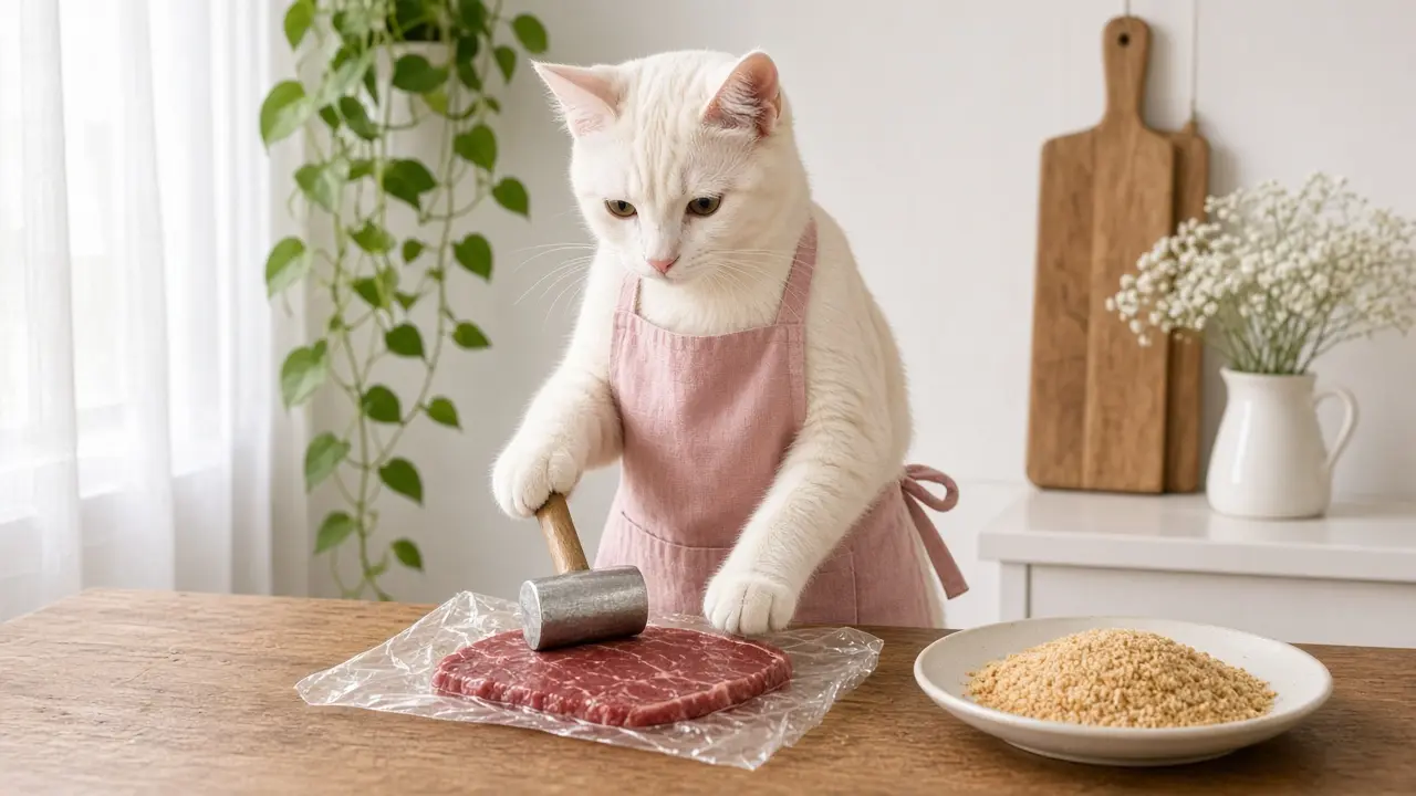A cream-coloured cat in a pink apron, cooking this dish