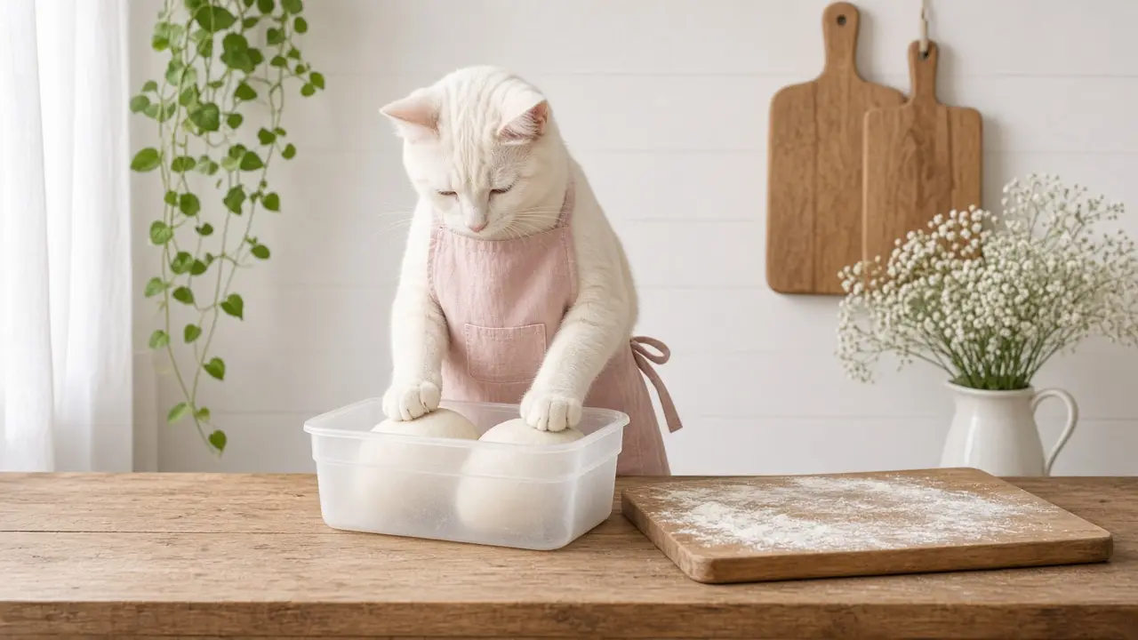 A cream-coloured cat in a pink apron, cooking this dish