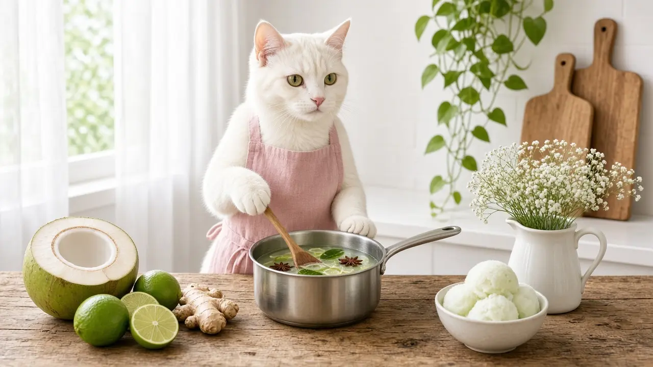 A cream-coloured cat in a pink apron, cooking this dish