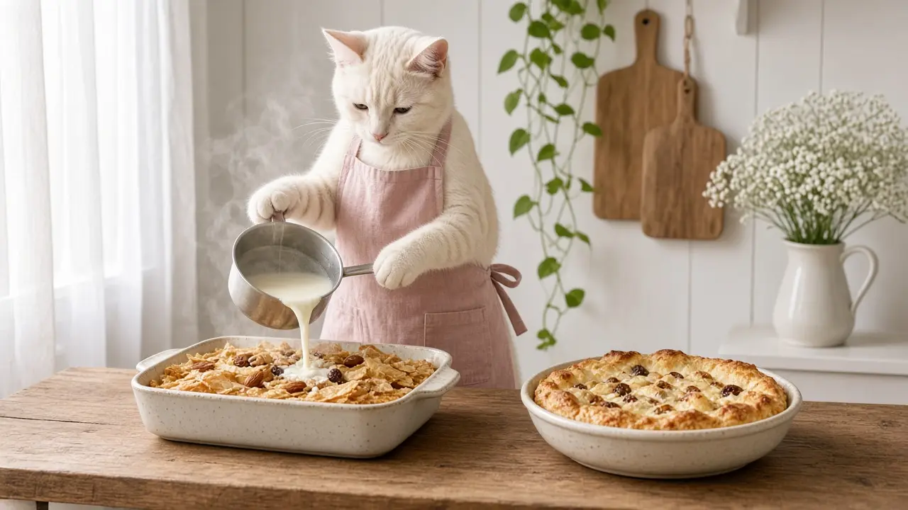A cream-coloured cat in a pink apron, cooking this dish