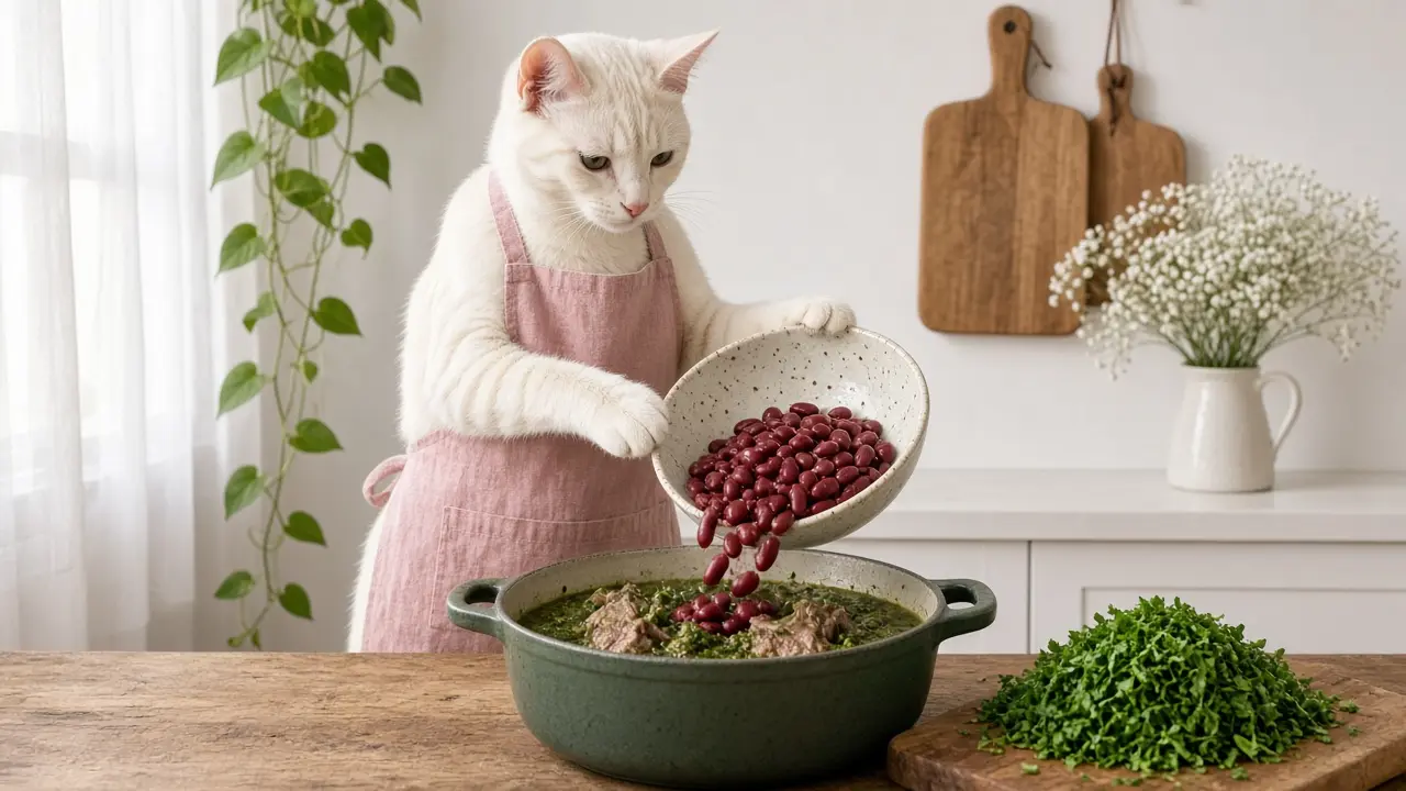 A cream-coloured cat in a pink apron, cooking this dish