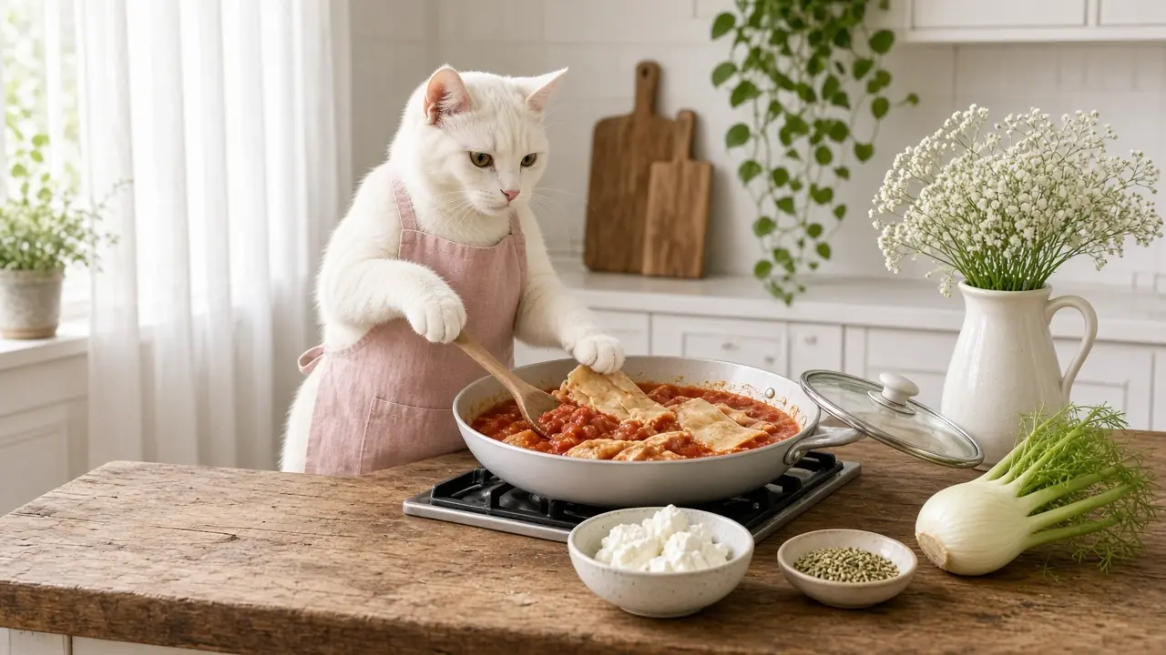 A cream-coloured cat in a pink apron, cooking this dish