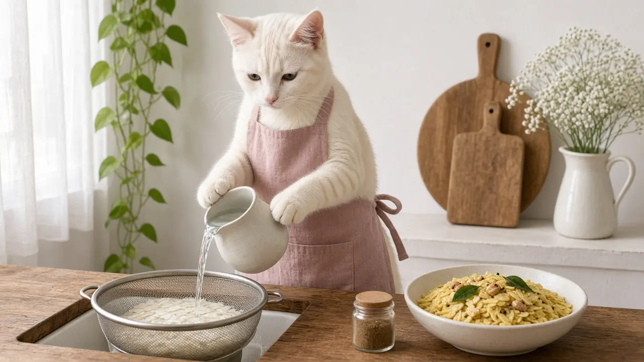 A cream-coloured cat in a pink apron, cooking this dish