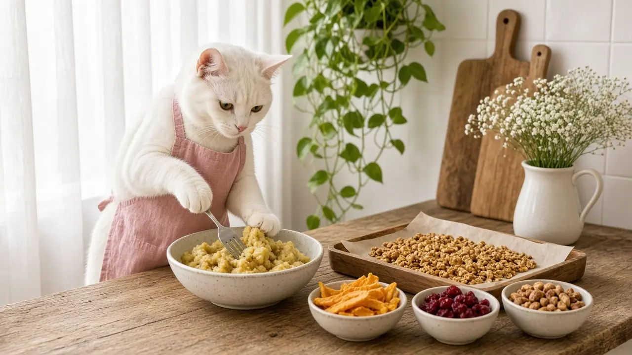 A cream-coloured cat in a pink apron, cooking this dish