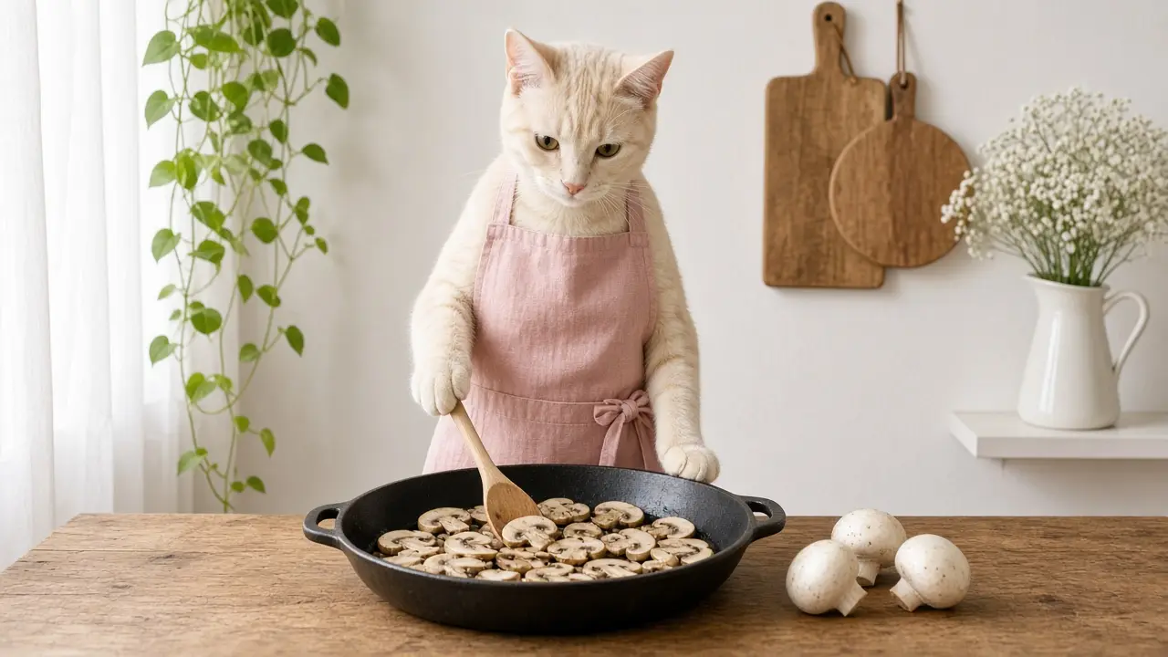 A cream-coloured cat in a pink apron, cooking this dish