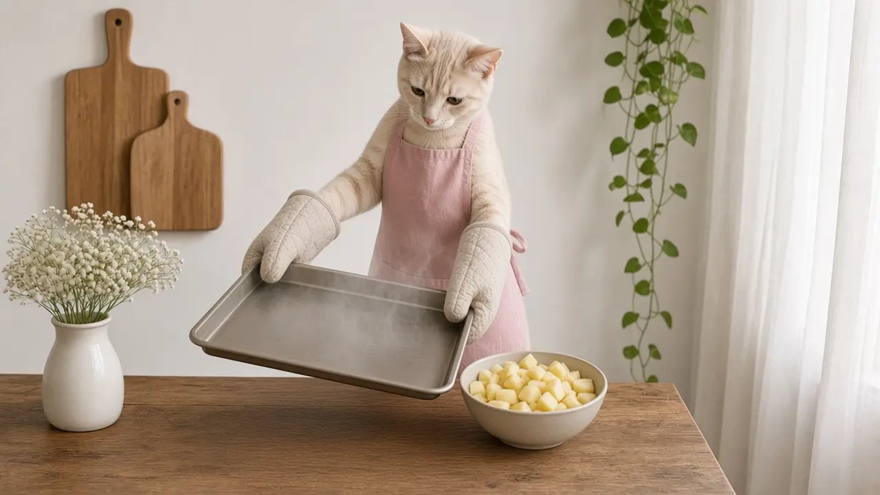 A cream-coloured cat in a pink apron, cooking this dish
