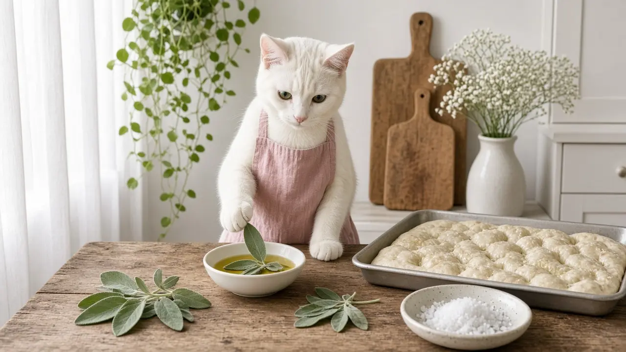 A cream-coloured cat in a pink apron, cooking this dish