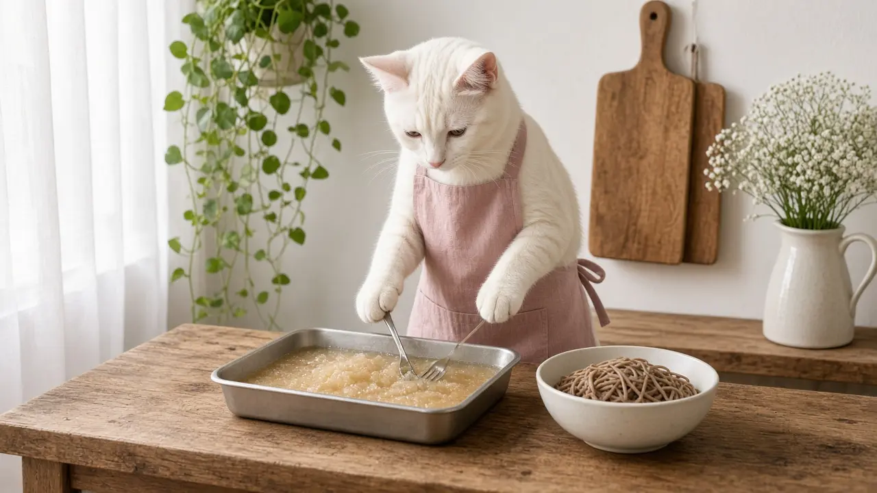 A cream-coloured cat in a pink apron, cooking this dish