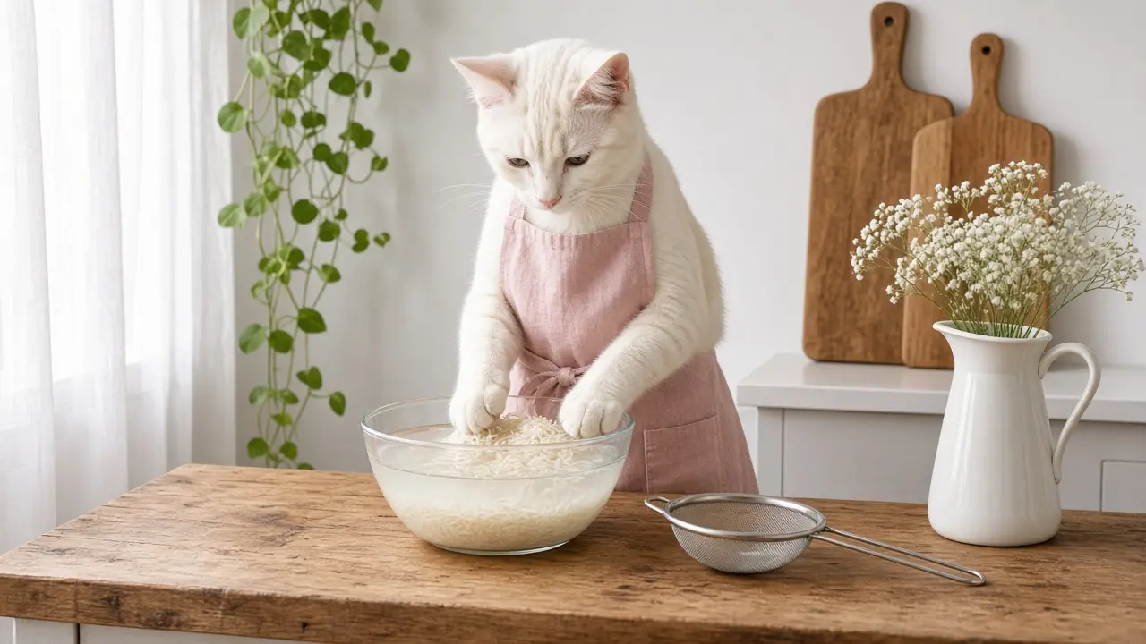A cream-coloured cat in a pink apron, cooking this dish