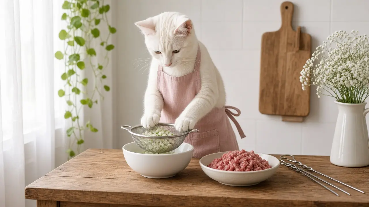 A cream-coloured cat in a pink apron, cooking this dish