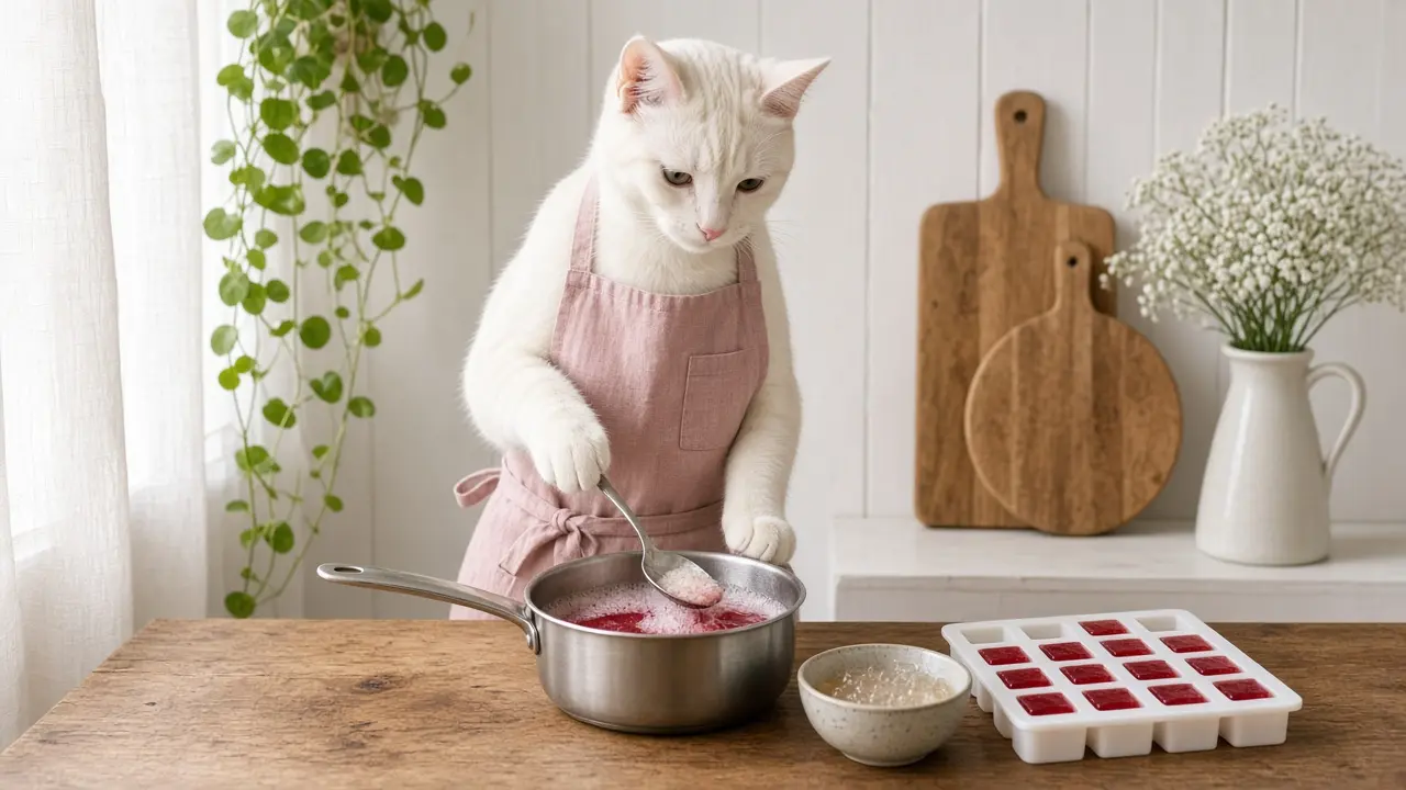 A cream-coloured cat in a pink apron, cooking this dish