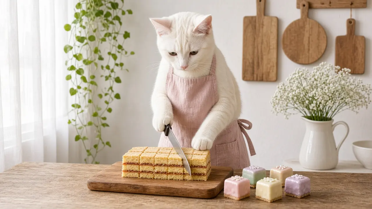 A cream-coloured cat in a pink apron, cooking this dish