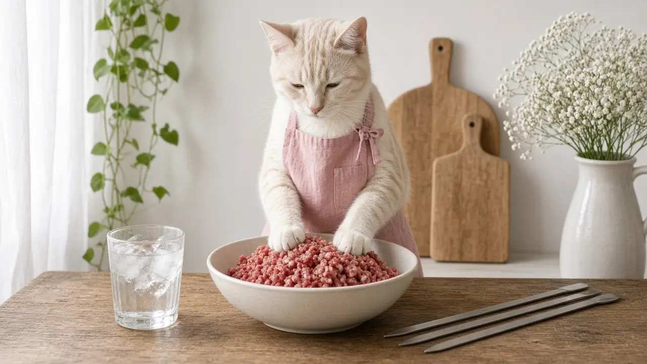 A cream-coloured cat in a pink apron, cooking this dish