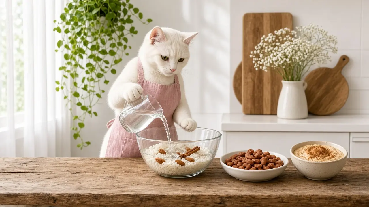A cream-coloured cat in a pink apron, cooking this dish